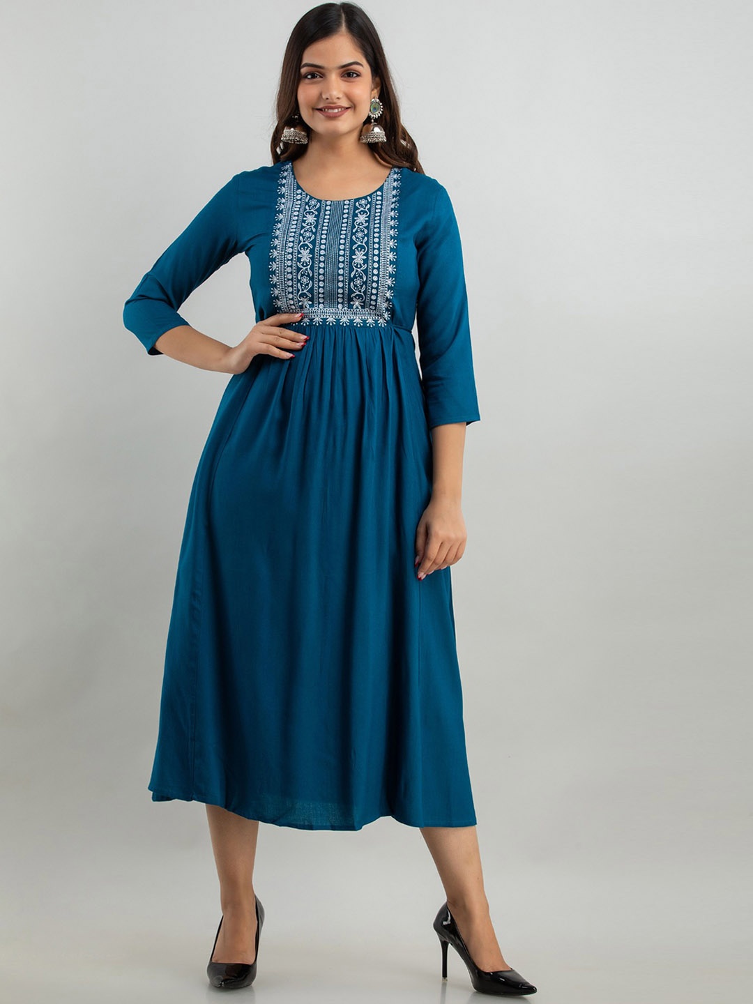 

Women Touch Yoke Design Embroidered Fit & Flare Ethnic Dress, Blue