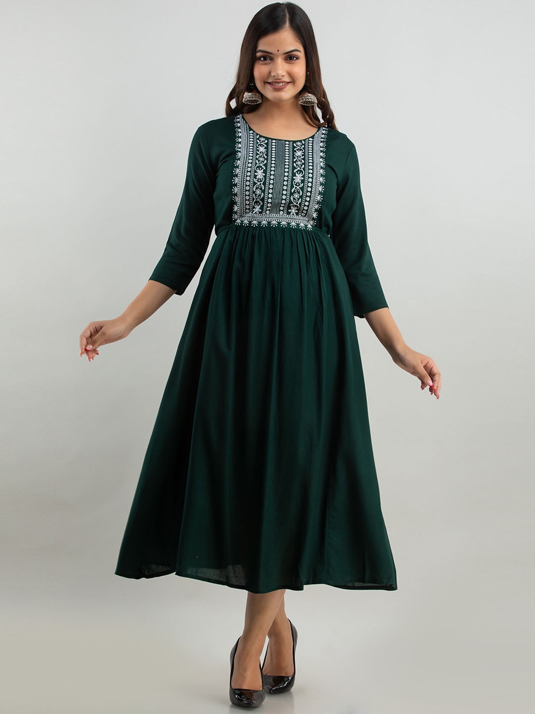 

Women Touch Yoke Design Embroidered Fit & Flare Ethnic Dress, Green