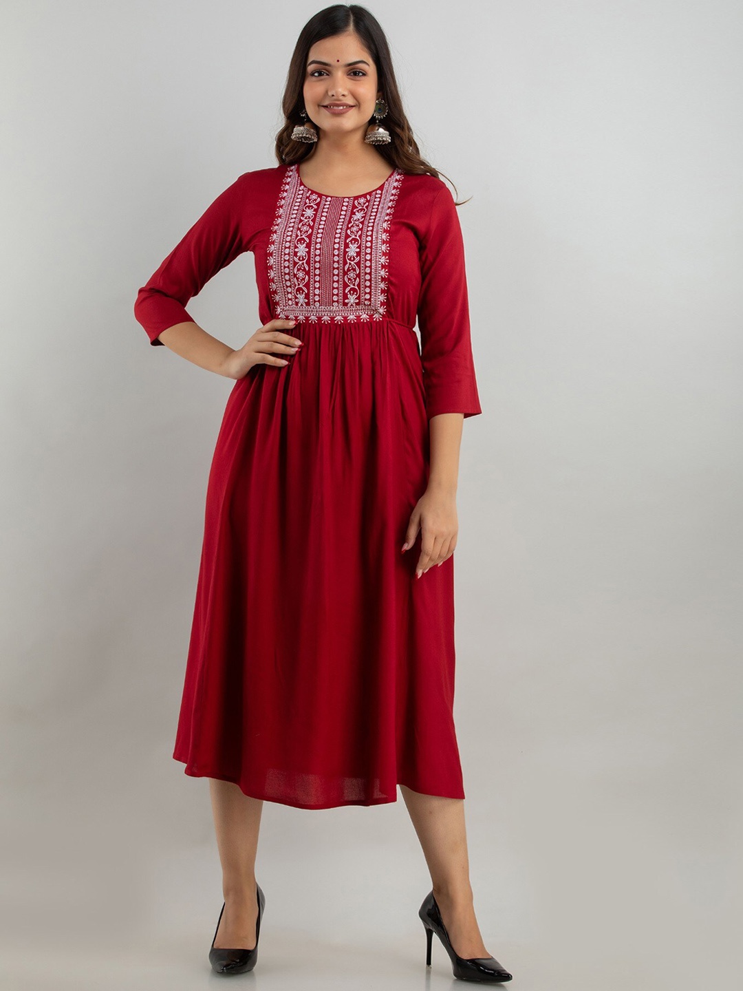 

Women Touch Floral Embroidered Gathered Or Pleated Detail Midi Ethnic Dress, Maroon