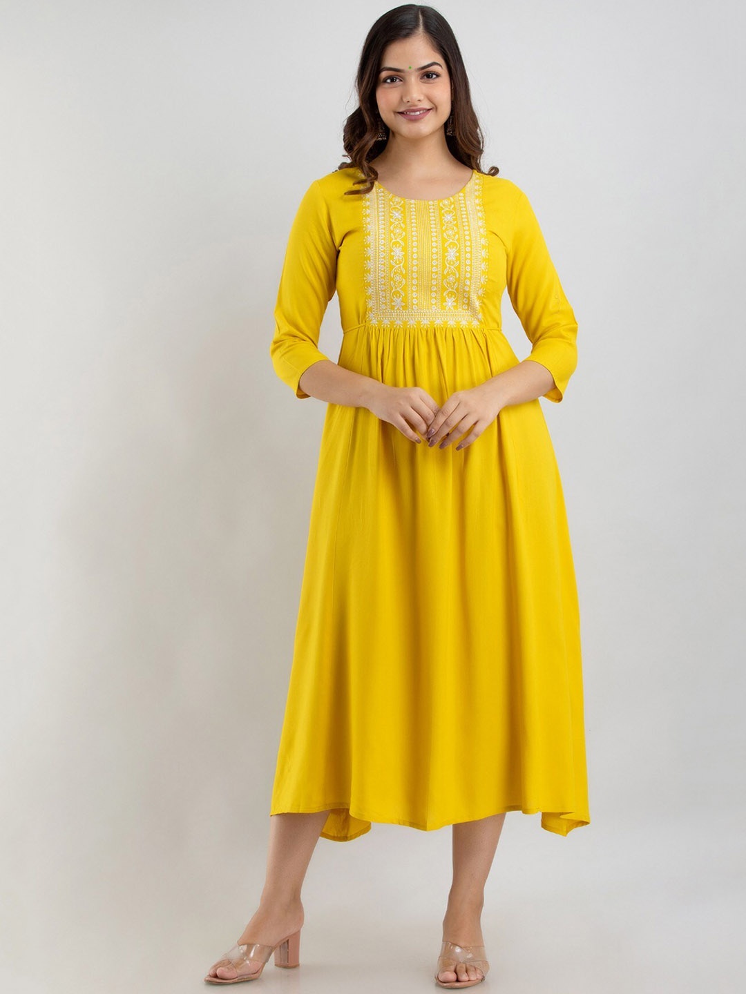 

Women Touch Women Mustard Yellow Embroidered Flared Sleeves Thread Work Asymmetric Handloom Anarkali Kurta