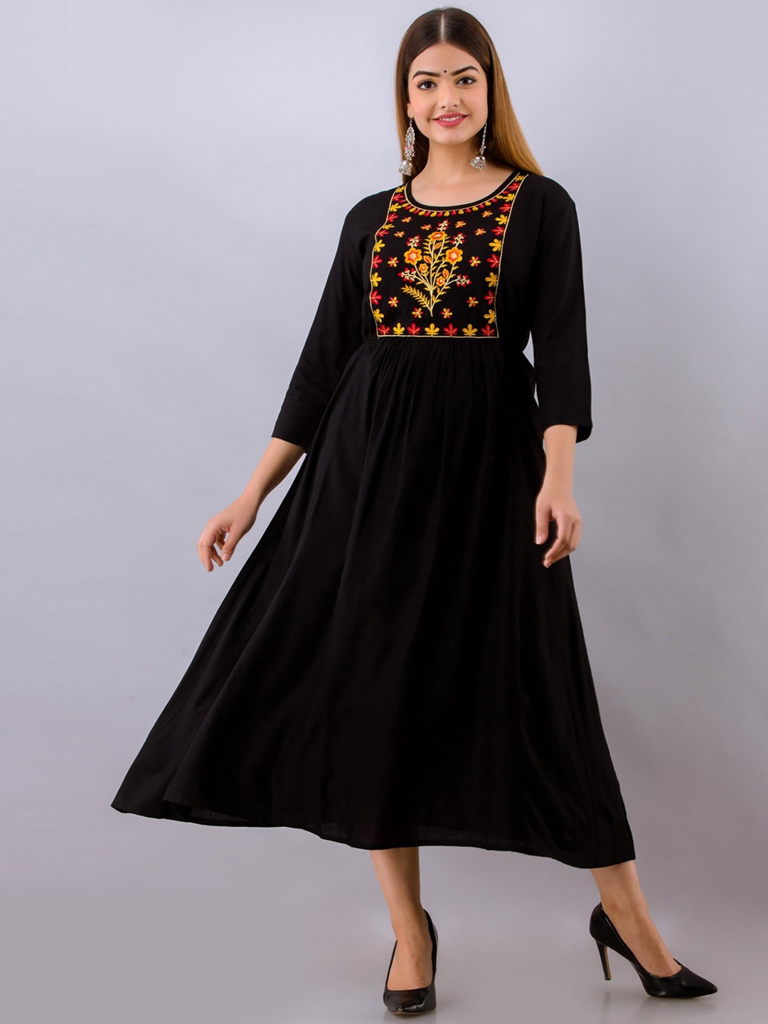

Women Touch Floral Embroidered Ethnic Dress, Black