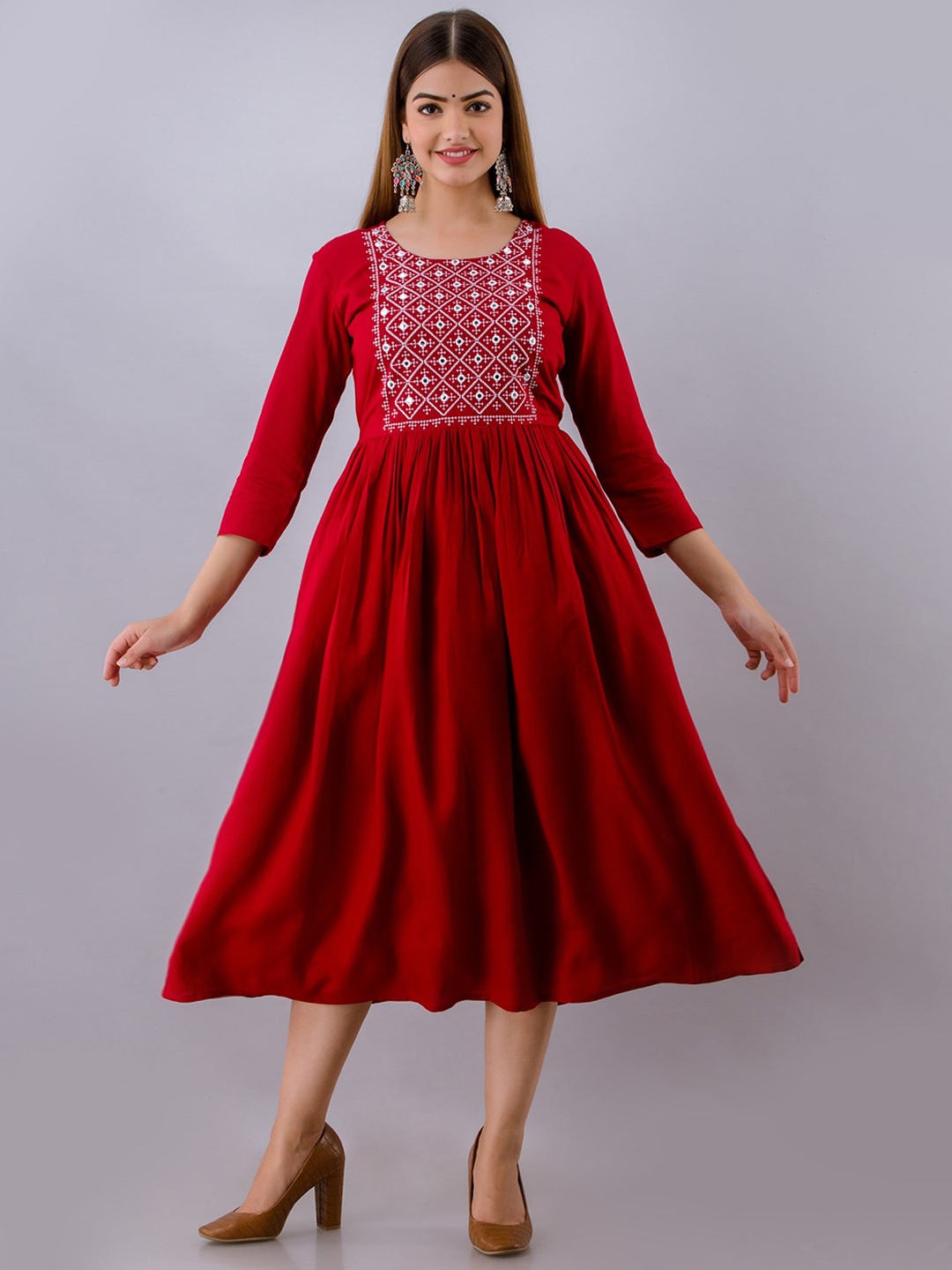 

Women Touch Women Geometric Embroidered Thread Work A-line Kurta, Maroon