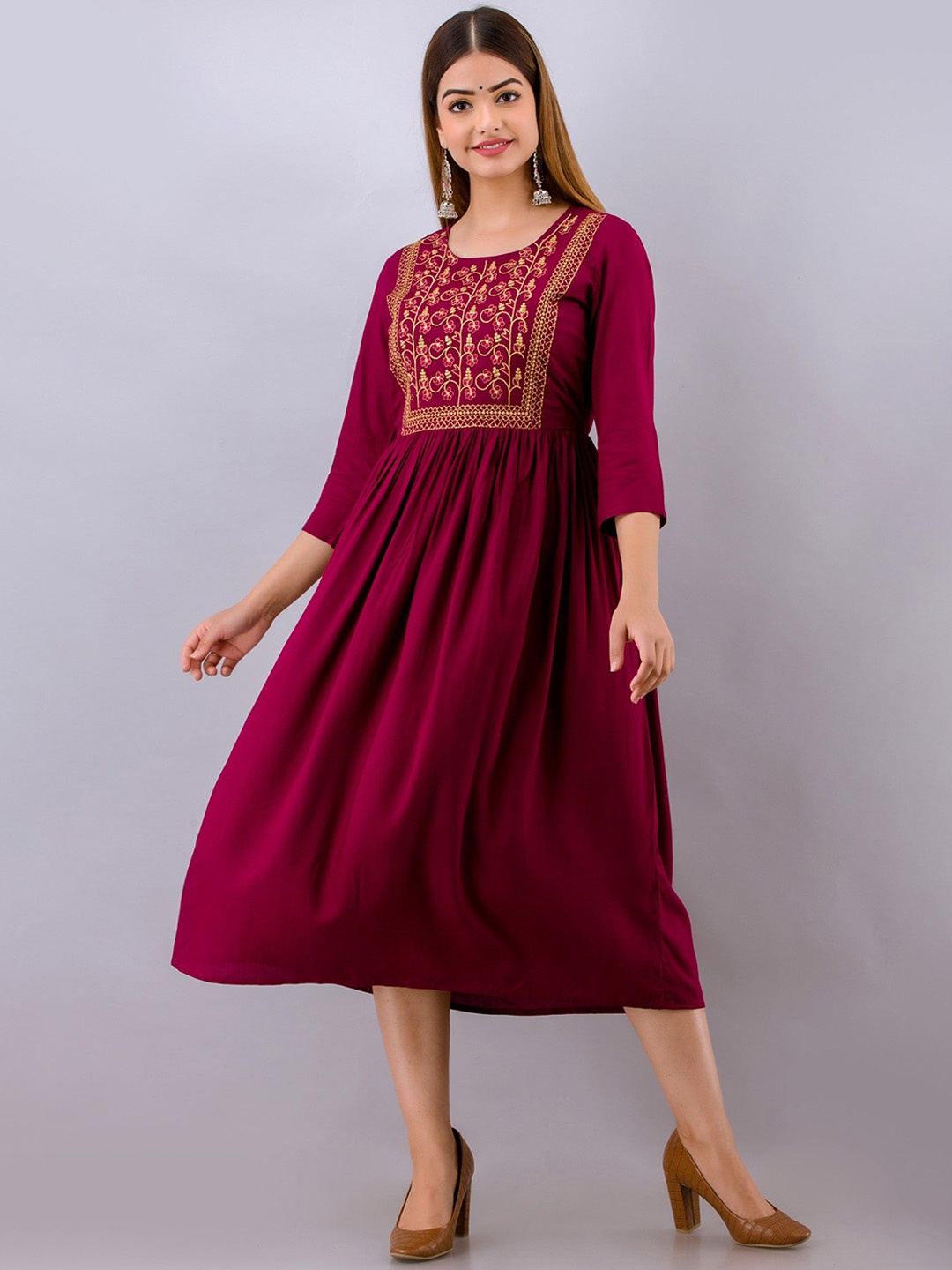 

Women Touch Ethnic Motifs Embroidered Thread Work A-line Kurta, Burgundy