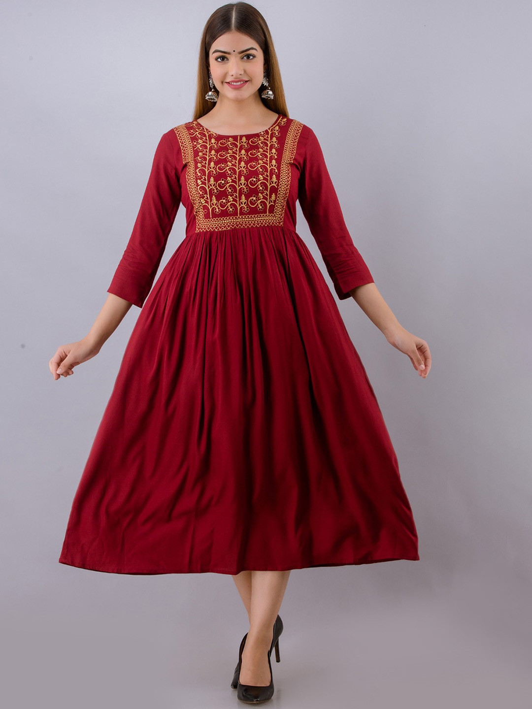 

Women Touch Embroidered Thread Work A-line Kurta, Maroon