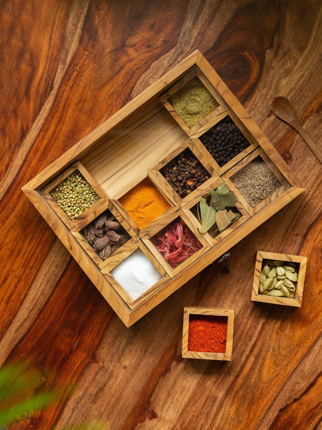 

ExclusiveLane Medley of Masalas 12 Container Spice Box With Spoon In Teak Wood, Camel brown