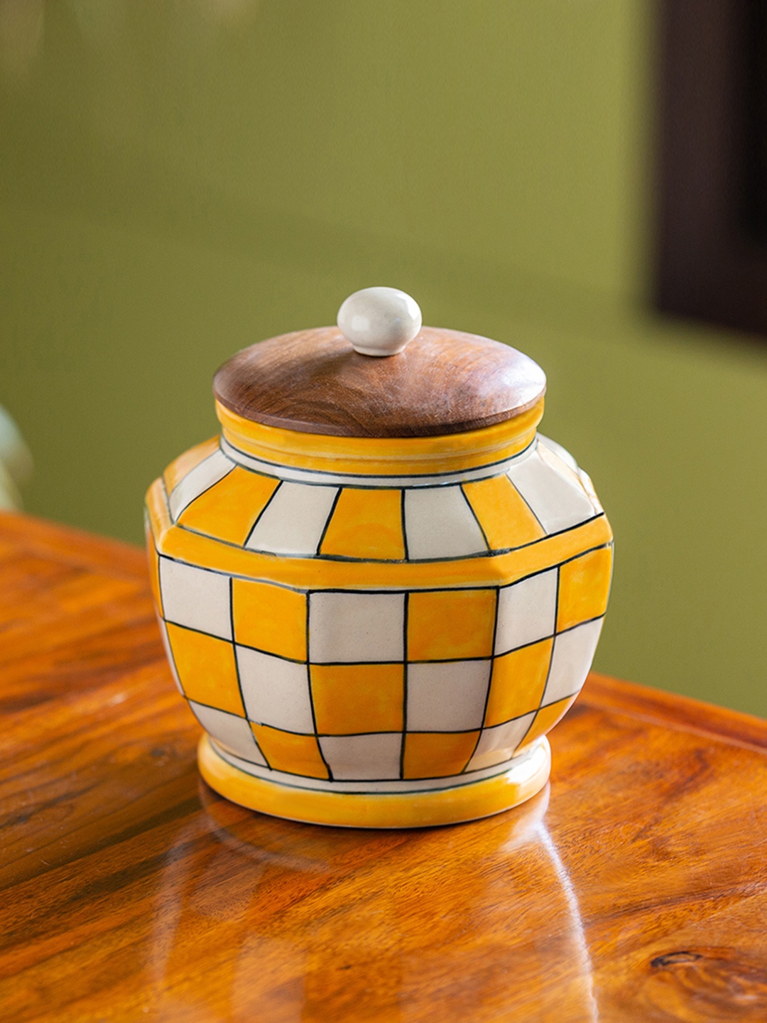 

ExclusiveLane Yellow & Off White Checkered Ceramic Storage Jar Container 1.36 L