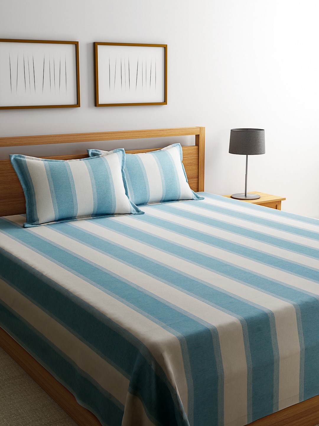 

ROMEE Turquoise Blue Striped Cotton Double Bed Cover with 2 Pillow Covers