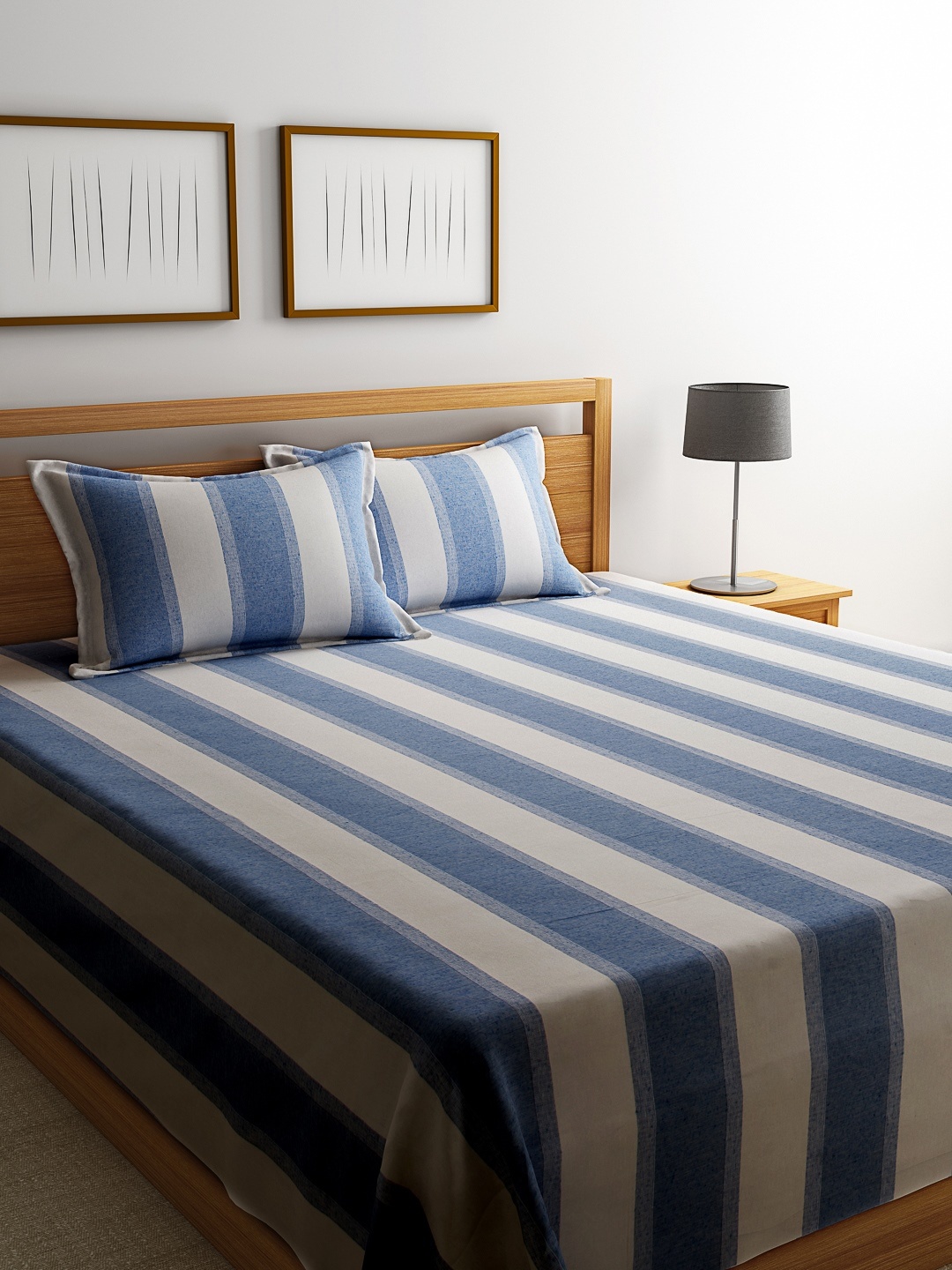 

ROMEE Blue Striped Cotton Double Bed Cover with 2 Pillow Covers