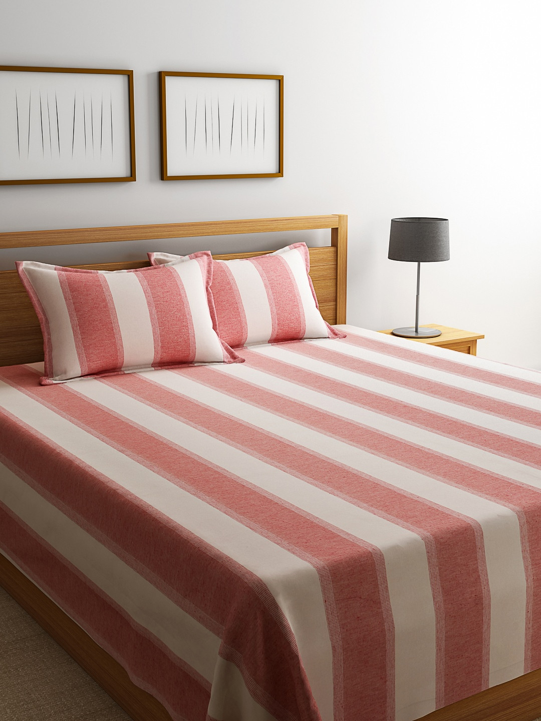 

ROMEE Red Striped Cotton Double Bed Cover with 2 Pillow Covers