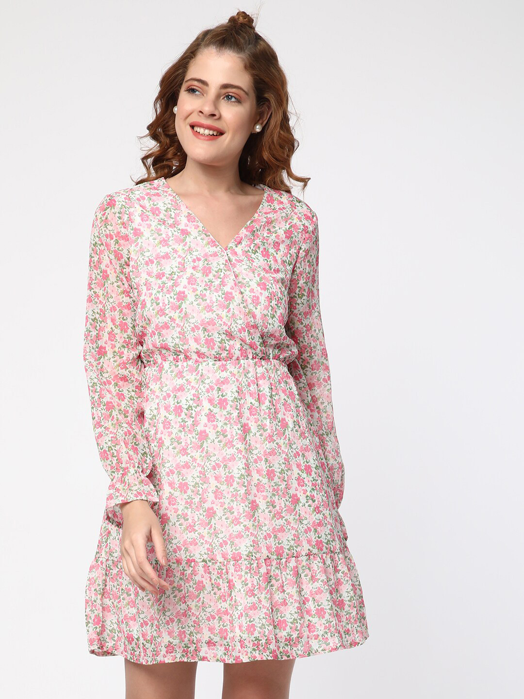 

R&B Floral Printed V Neck Puff Sleeves Wrap Dress, White