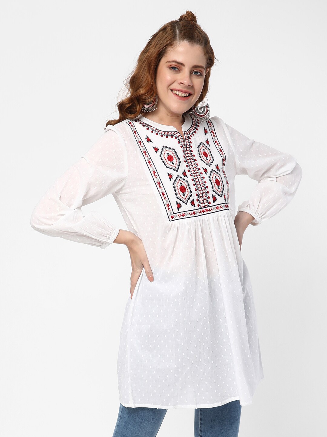 

R&B Mandarin Collar Floral Embroidered Gathers Cotton Tunic, White