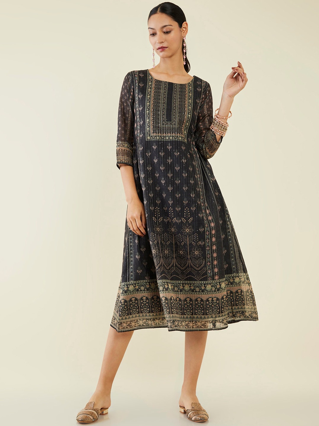 

Soch Ethnic Motifs Printed Silk Ethnic Dress, Black