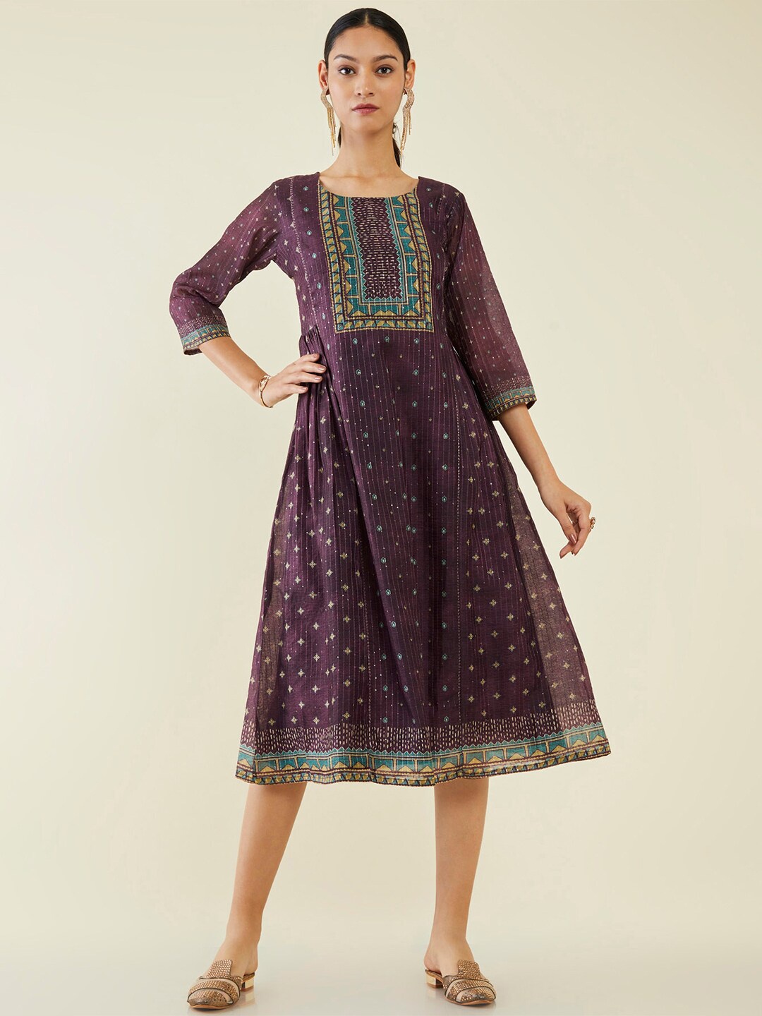 

Soch Ethnic Motifs Printed Sequined Chanderi Silk Midi Ethnic Dress, Purple