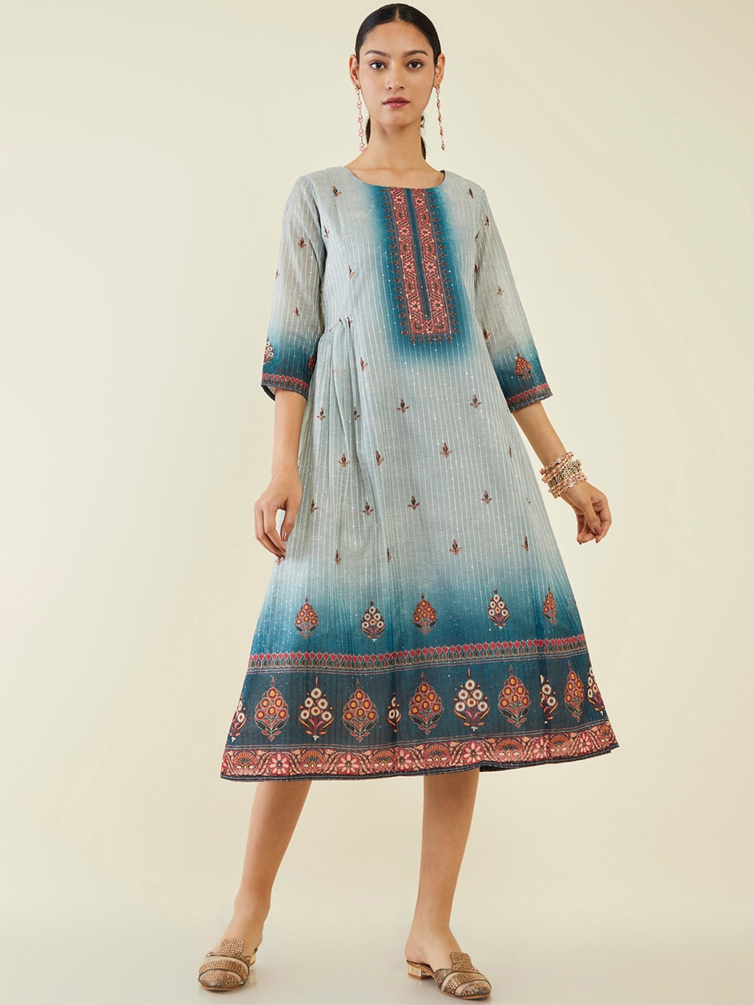 

Soch Floral Printed Sequined Chanderi Silk Midi Ethnic Dress, Grey