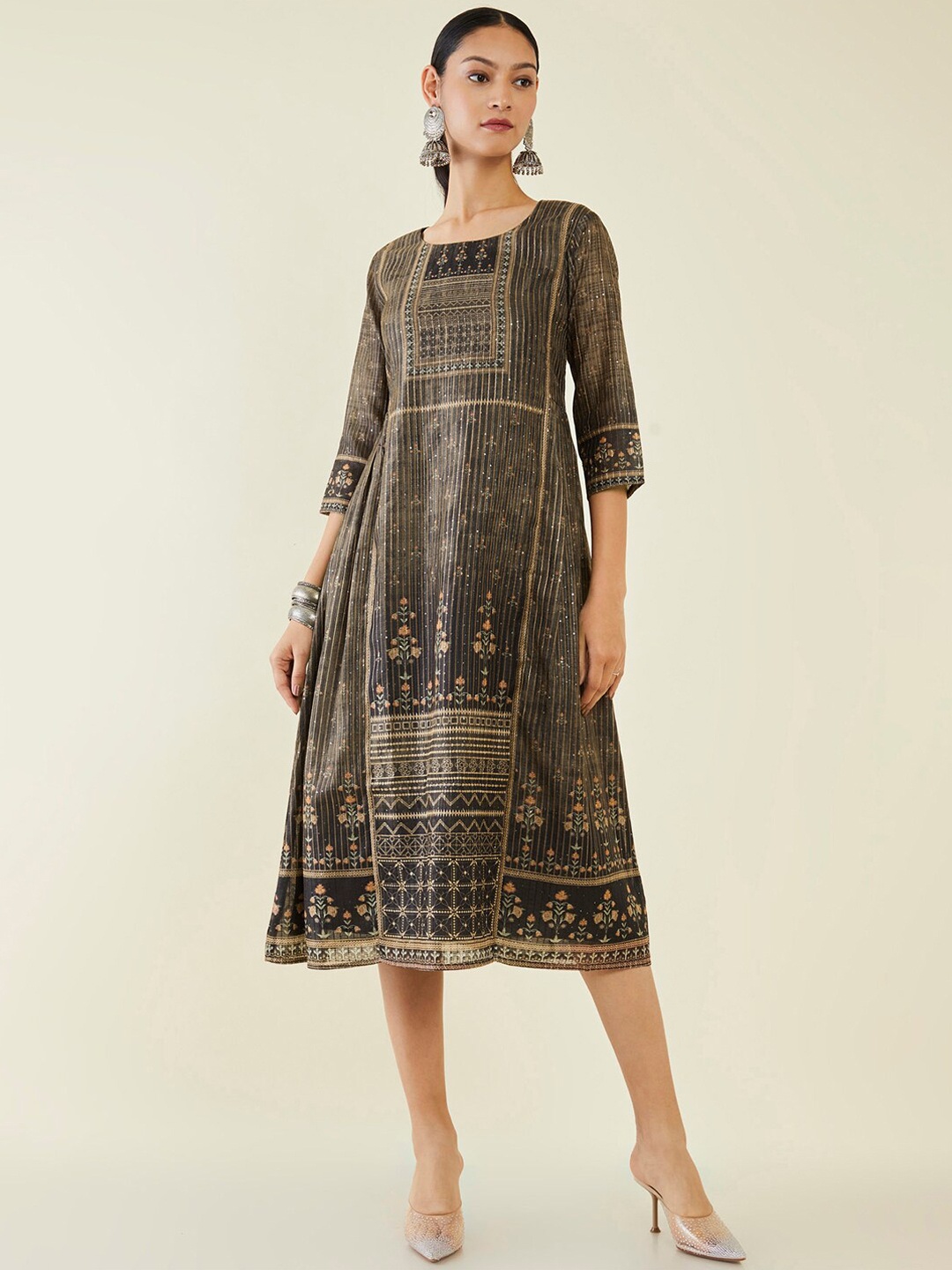 

Soch Floral Printed Sequined Chanderi Silk Midi Ethnic Dress, Charcoal