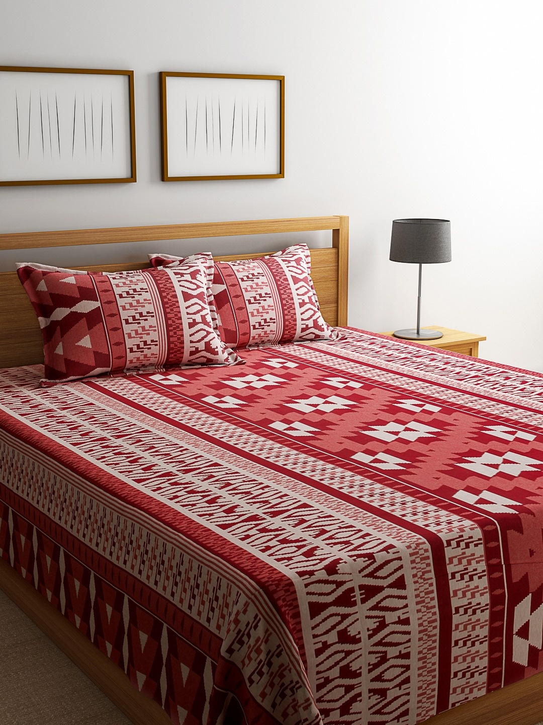 

ROMEE Red Woven Design Polycotton Double Bed Cover with 2 Pillow Covers