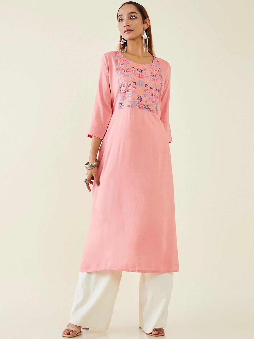 Soch Calf Length Mirror Work Floral Embroidered Straight Kurta, Pink