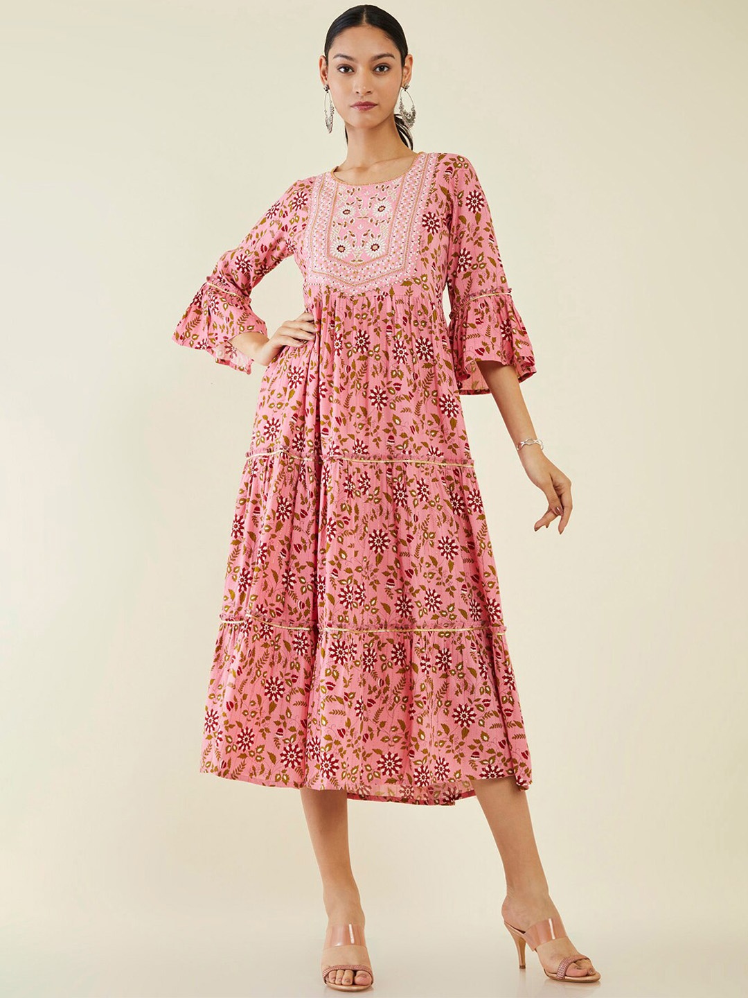 

Soch Bell Sleeves Tiered Floral Printed Fit & Flare Midi Ethnic Dress, Pink