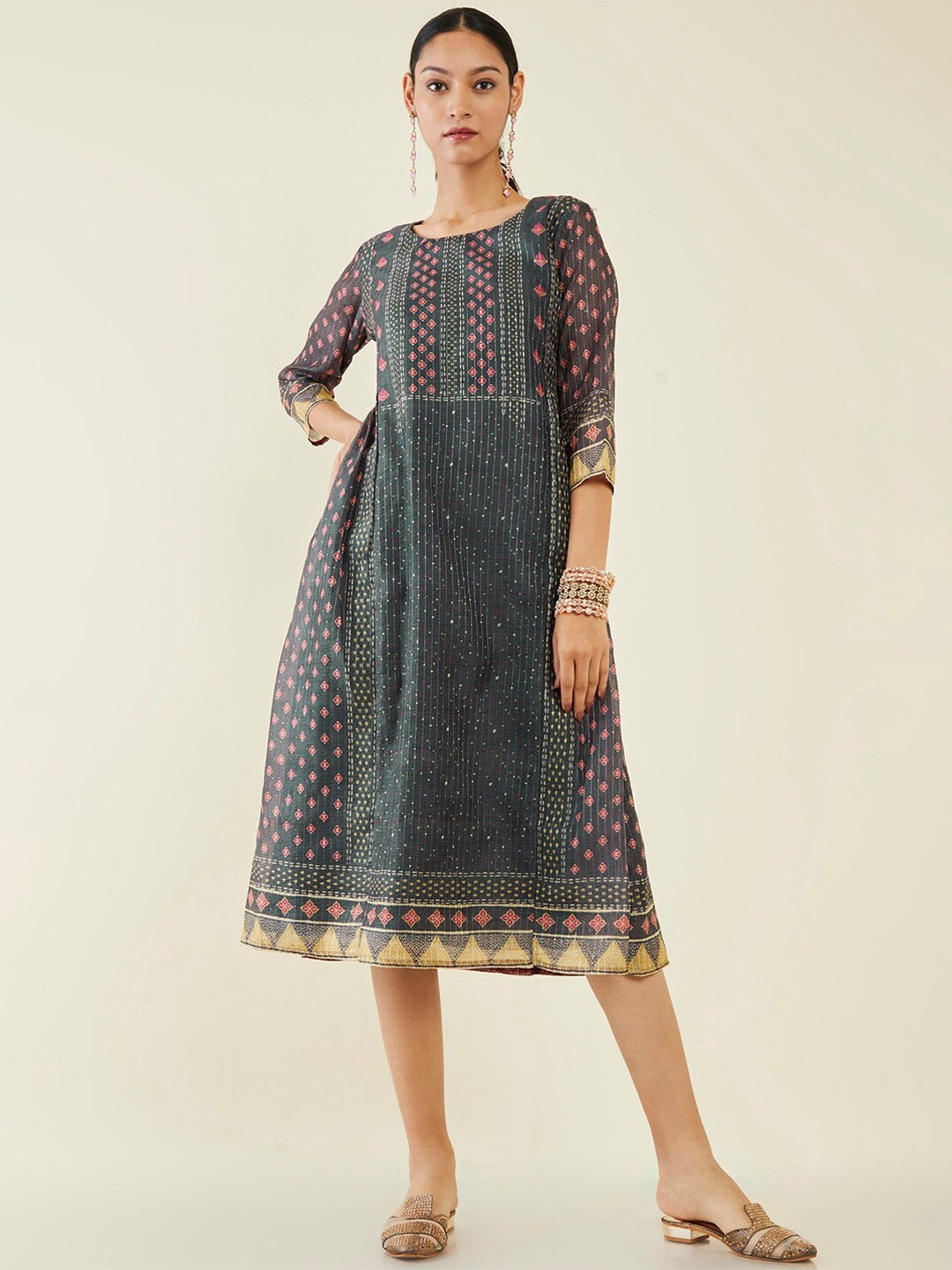 

Soch Ethnic Motifs Printed Chanderi Silk A-Line Dress, Grey