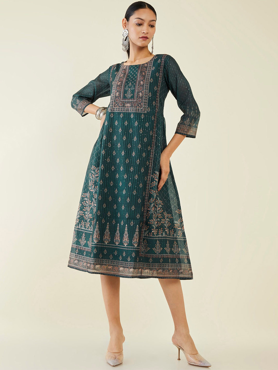 

Soch Ethnic Motifs Printed Silk A Line Ethnic Dress, Teal