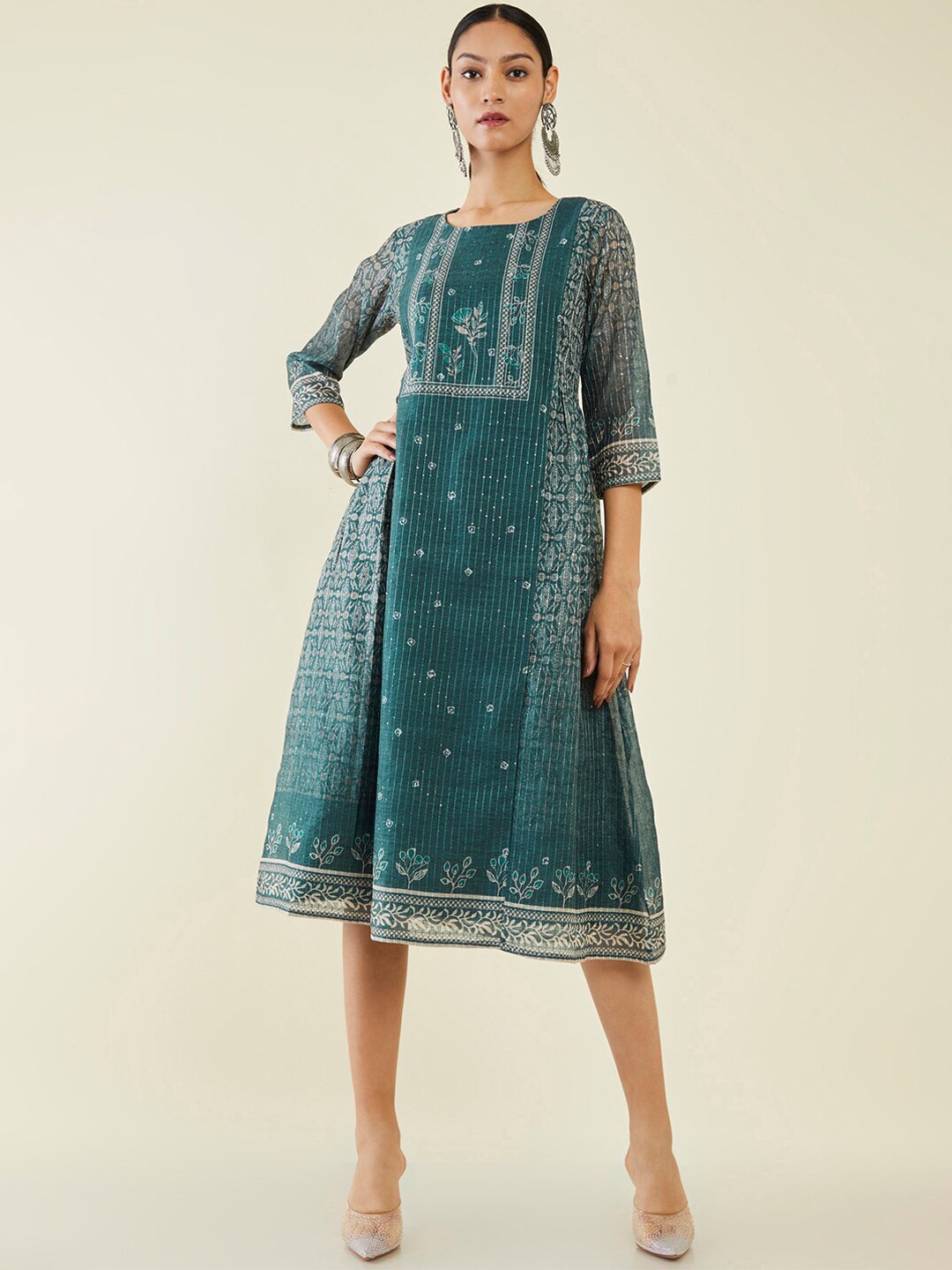 

Soch Ethnic Motifs Printed Chanderi Silk A-Line Dress, Teal