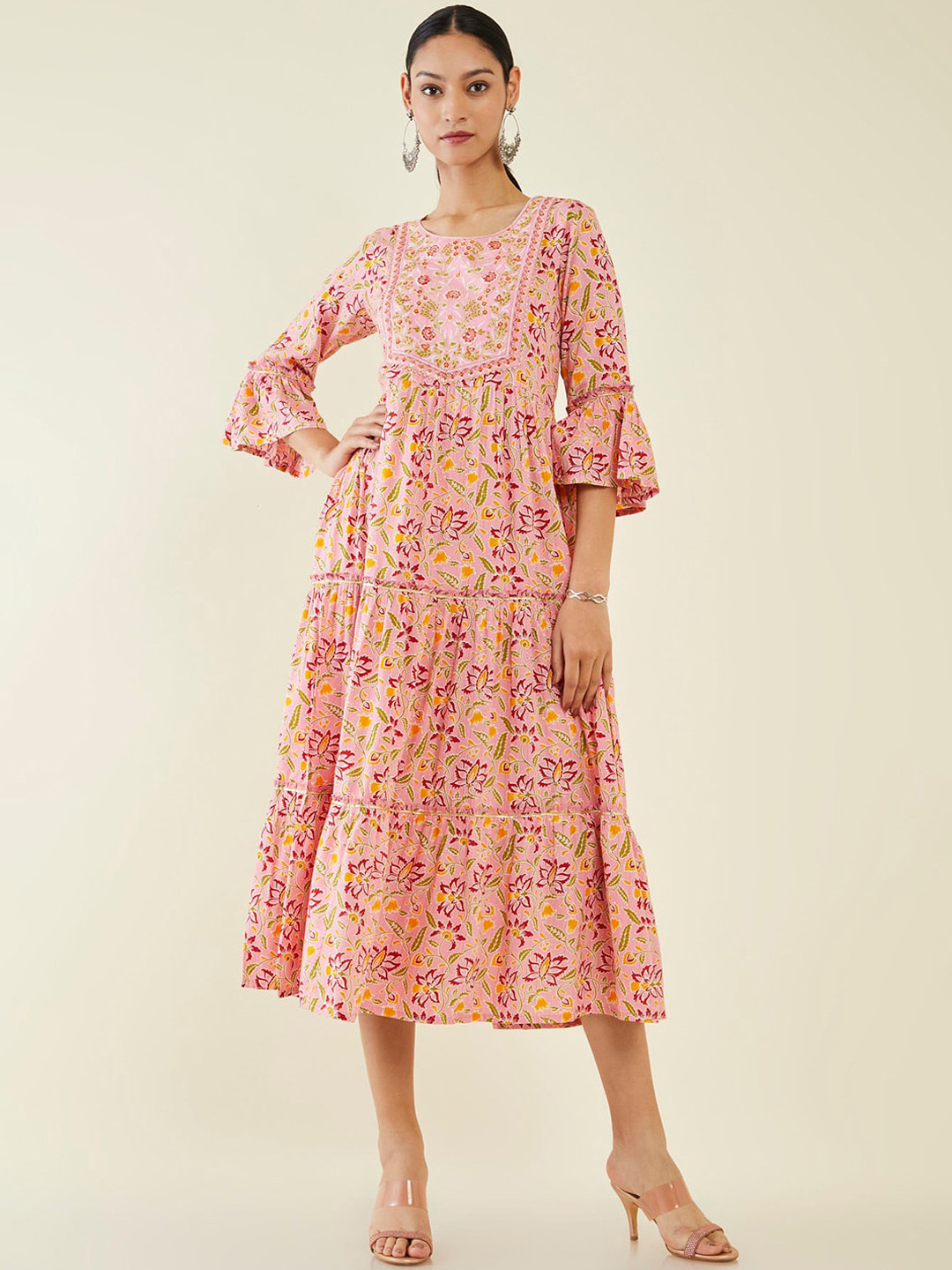 

Soch Floral Printed Bell Sleeves Tiered Fit & Flare Ethnic Dress, Pink