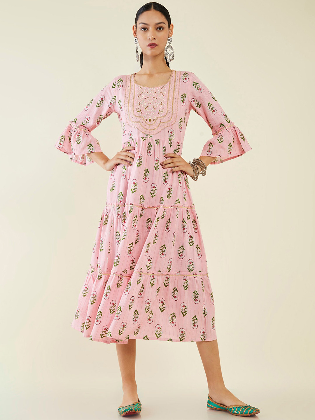 

Soch Floral Printed Bell Sleeves Tiered Fit & Flare Ethnic Dress, Pink
