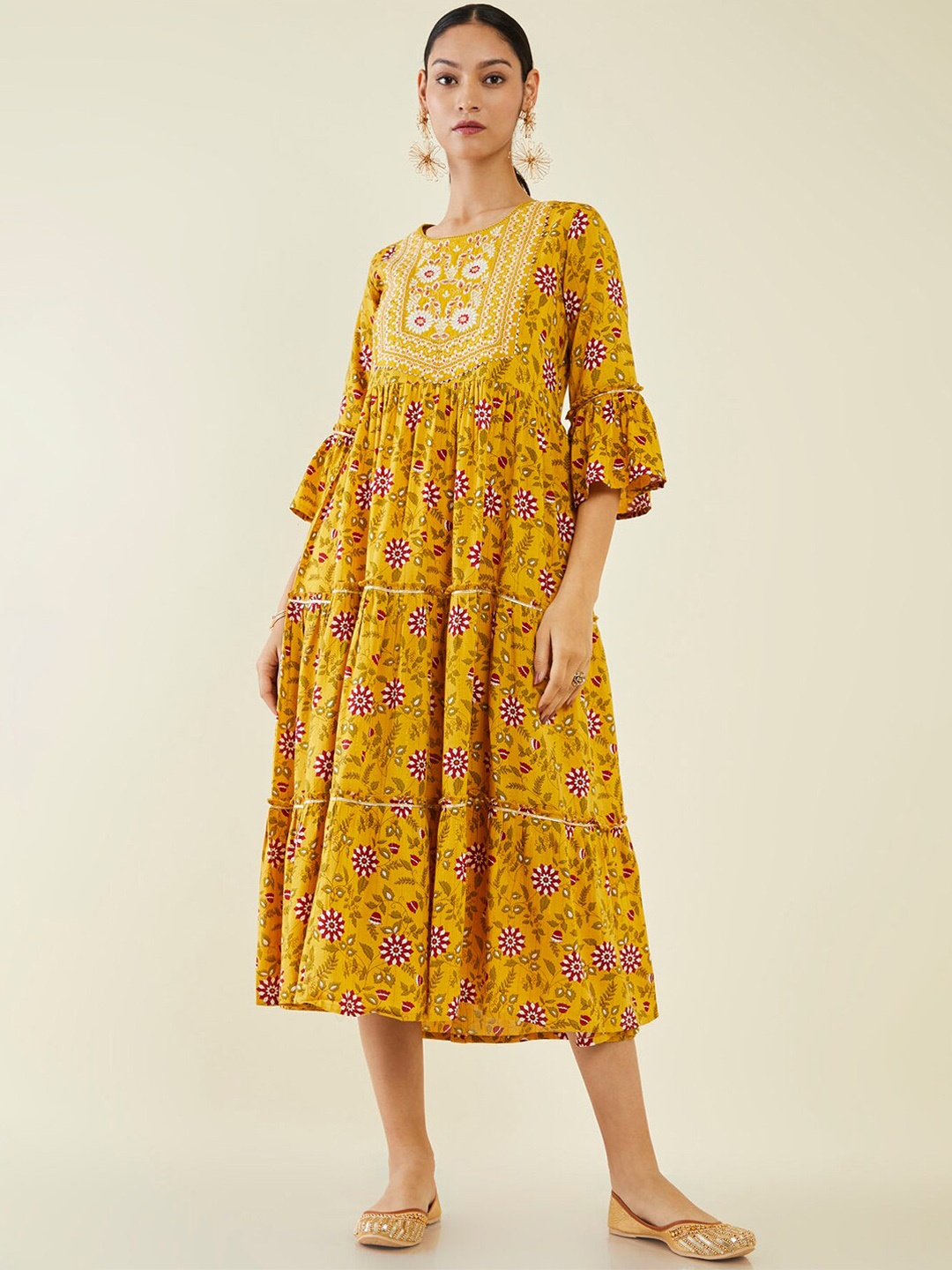 

Soch Floral Embroidered Tiered A-Line Ethnic Dresses, Mustard