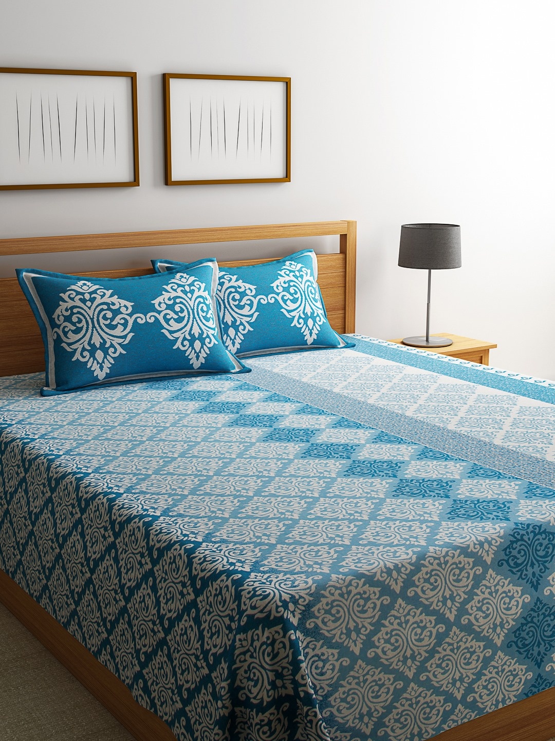 

ROMEE Turquoise Blue Woven Design Polycotton Double Bed Cover with 2 Pillow Covers