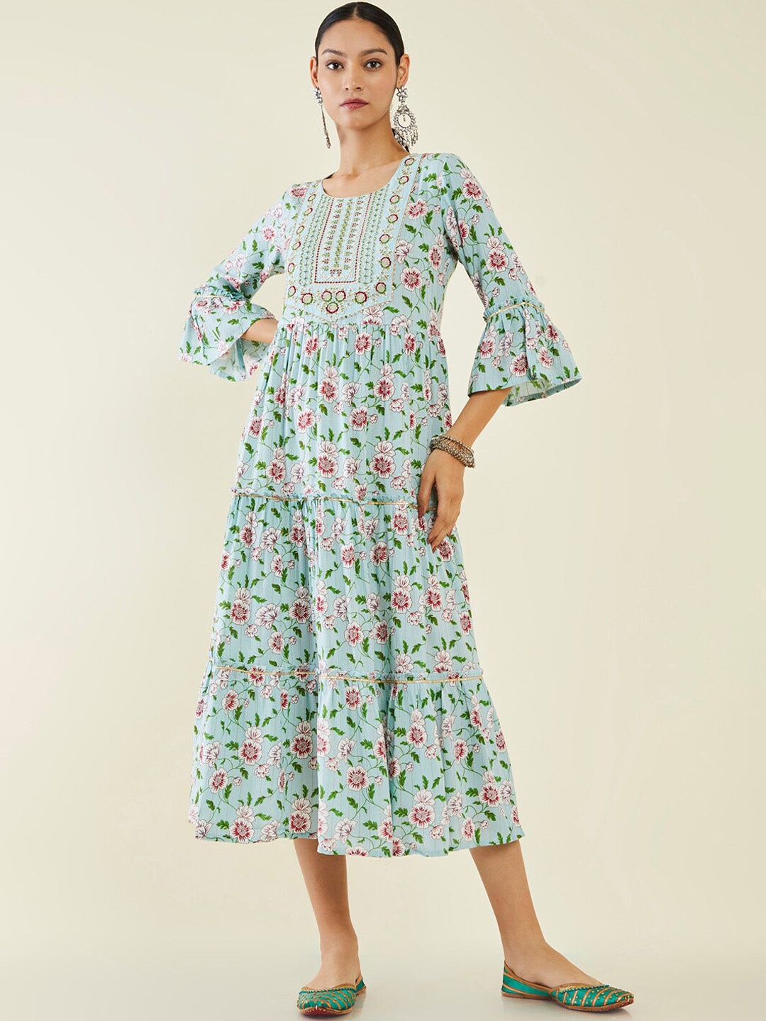 

Soch Floral Embroidered Tiered A-Line Ethnic Dresses, Turquoise blue