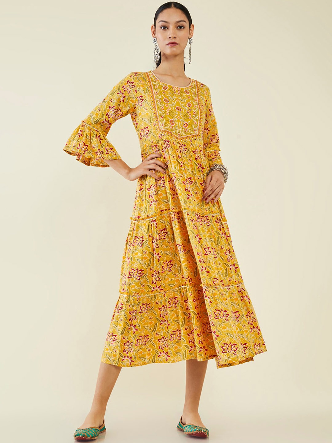 

Soch Floral Printed Bell Sleeves A-Line Midi Ethnic Dress, Mustard