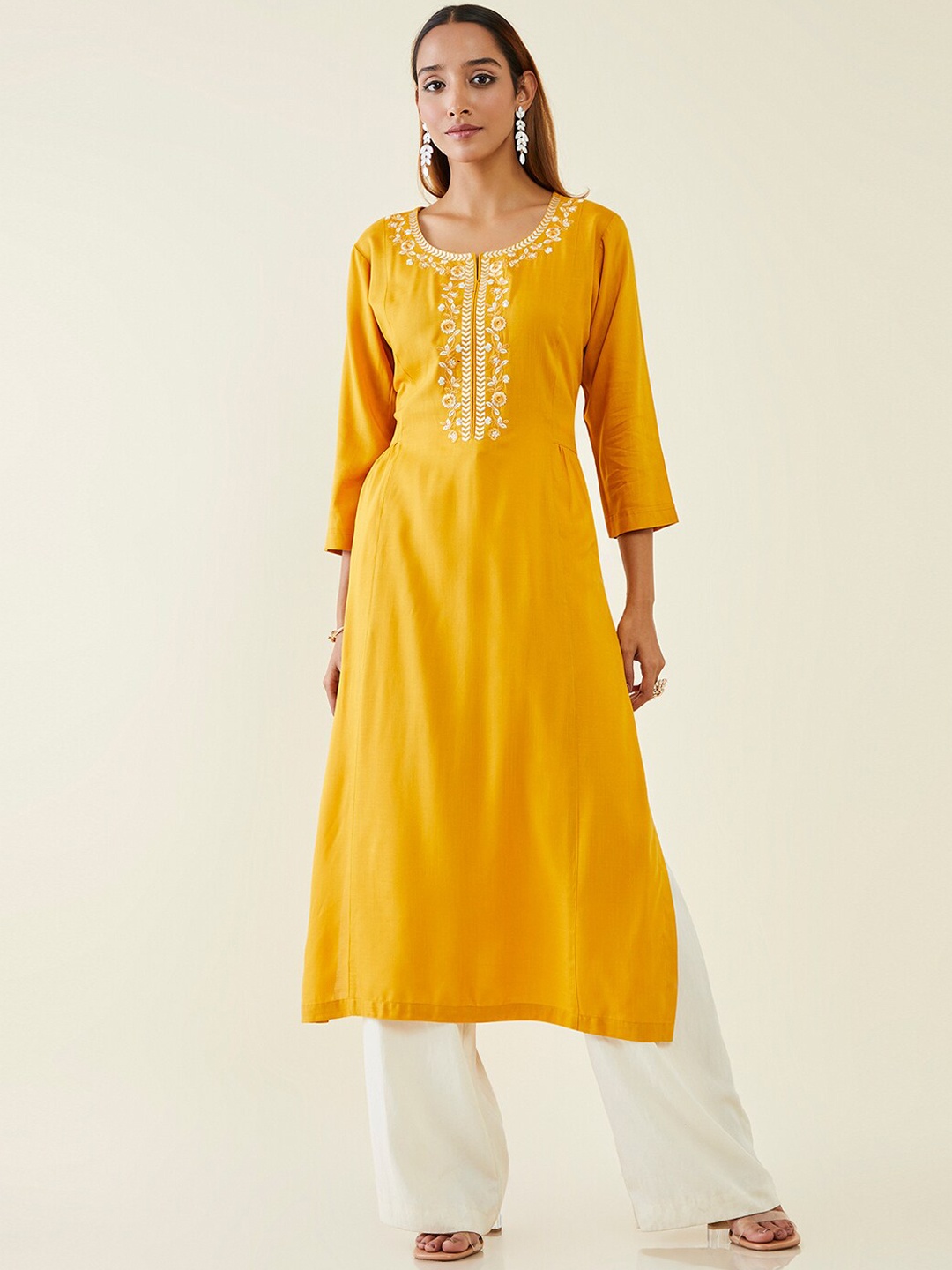 

Soch Notched Neck Floral Embroidered Kurta, Mustard