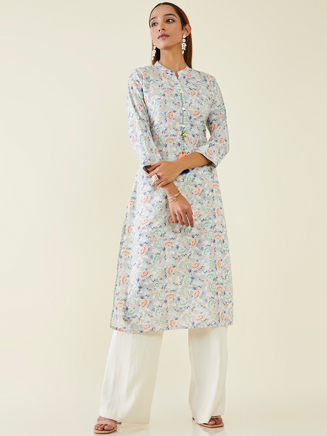 

Soch Mandarin Collar Floral Printed Linen Kurta, Grey