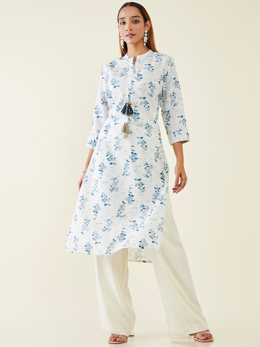 

Soch Mandarin Collar Floral Printed Linen Kurta, Off white