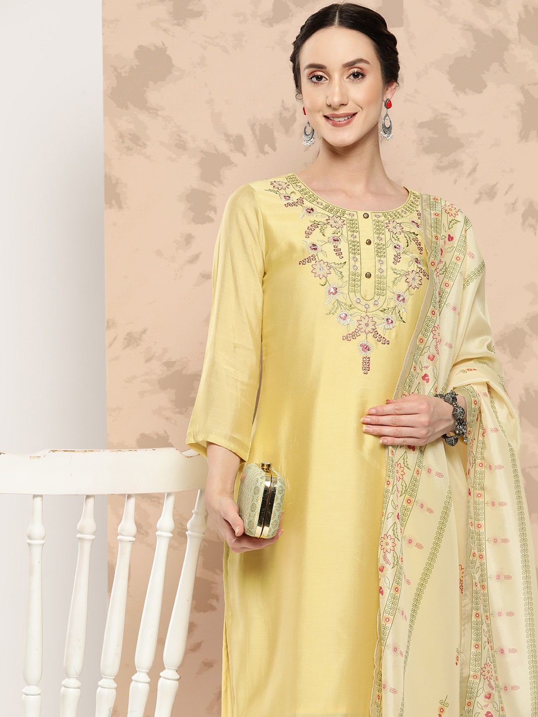 

Yufta Women Yellow Embroidered Regular Chikankari Pure Silk Kurta with Trousers & With Dupatta