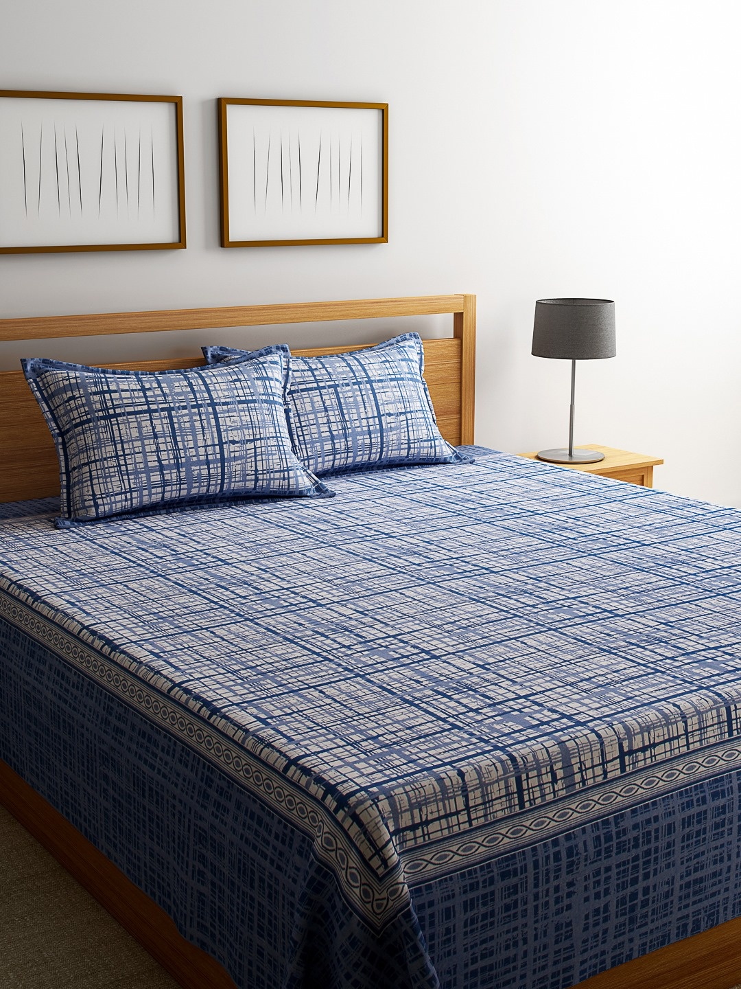 

ROMEE Navy Woven Design Polycotton Double Bed Cover with 2 Pillow Covers, Navy blue