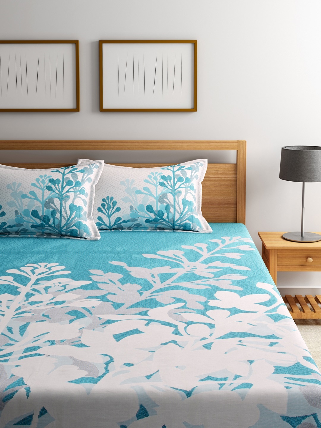 

ROMEE Turquoise Blue Floral Polycotton Double Bed Cover with 2 Pillow Covers