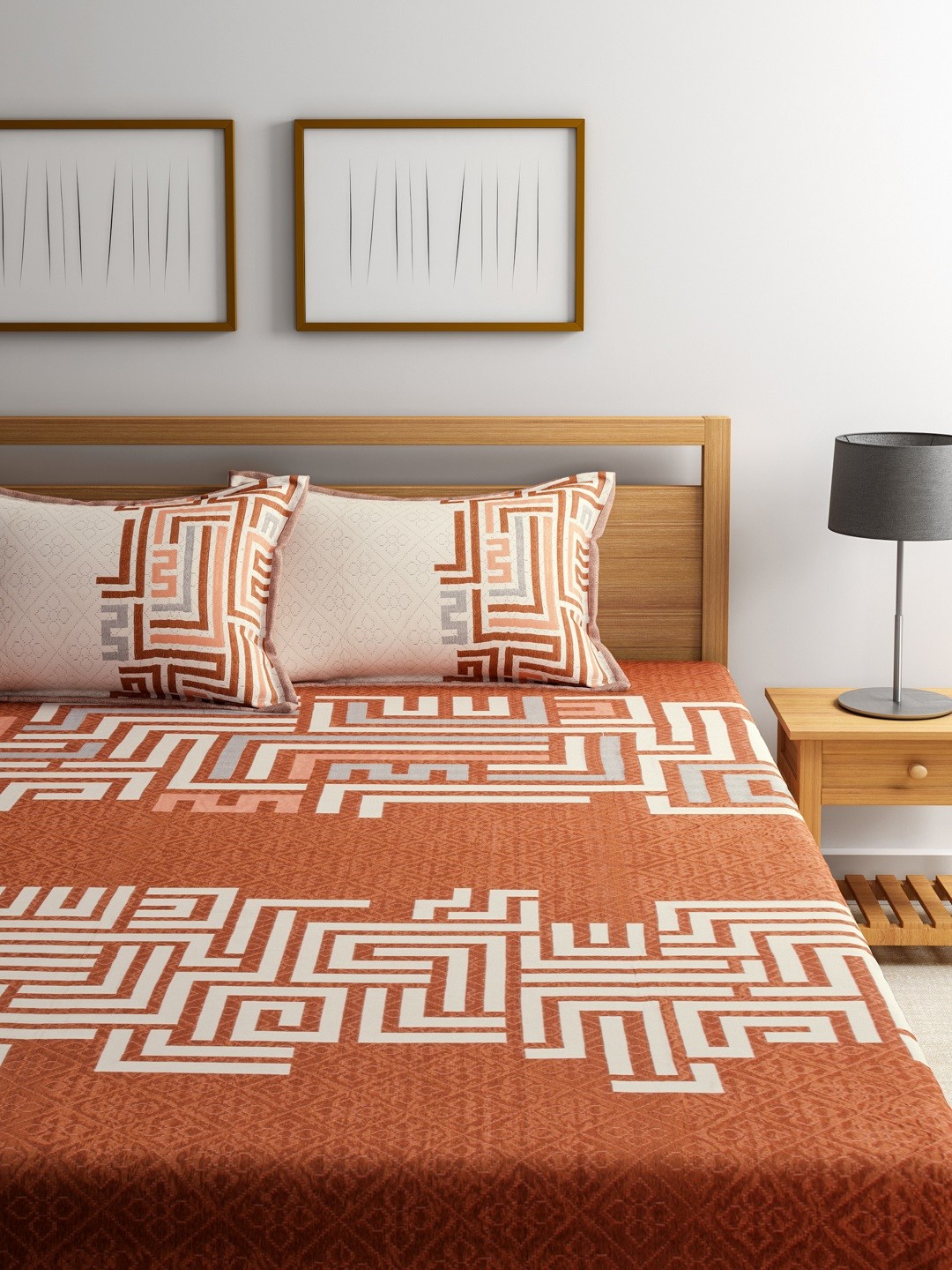 

ROMEE Rust Orange Woven Design Polycotton Double Bed Cover with 2 Pillow Covers