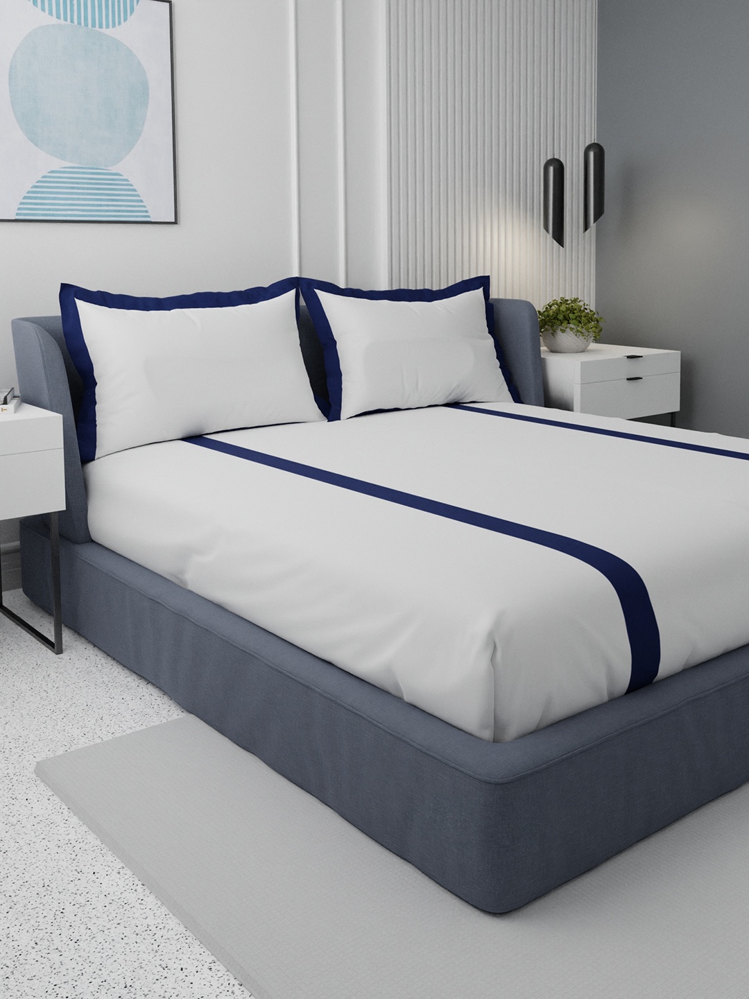 

Stoa Paris Classic White & Blue 230 TC Polyester King Bedsheet with 2 Pillow Covers