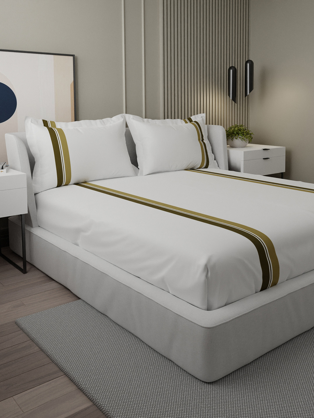 

Stoa Paris Classique White & Olive Green 230 TC Flat King Bedsheet with 2 Pillow Covers
