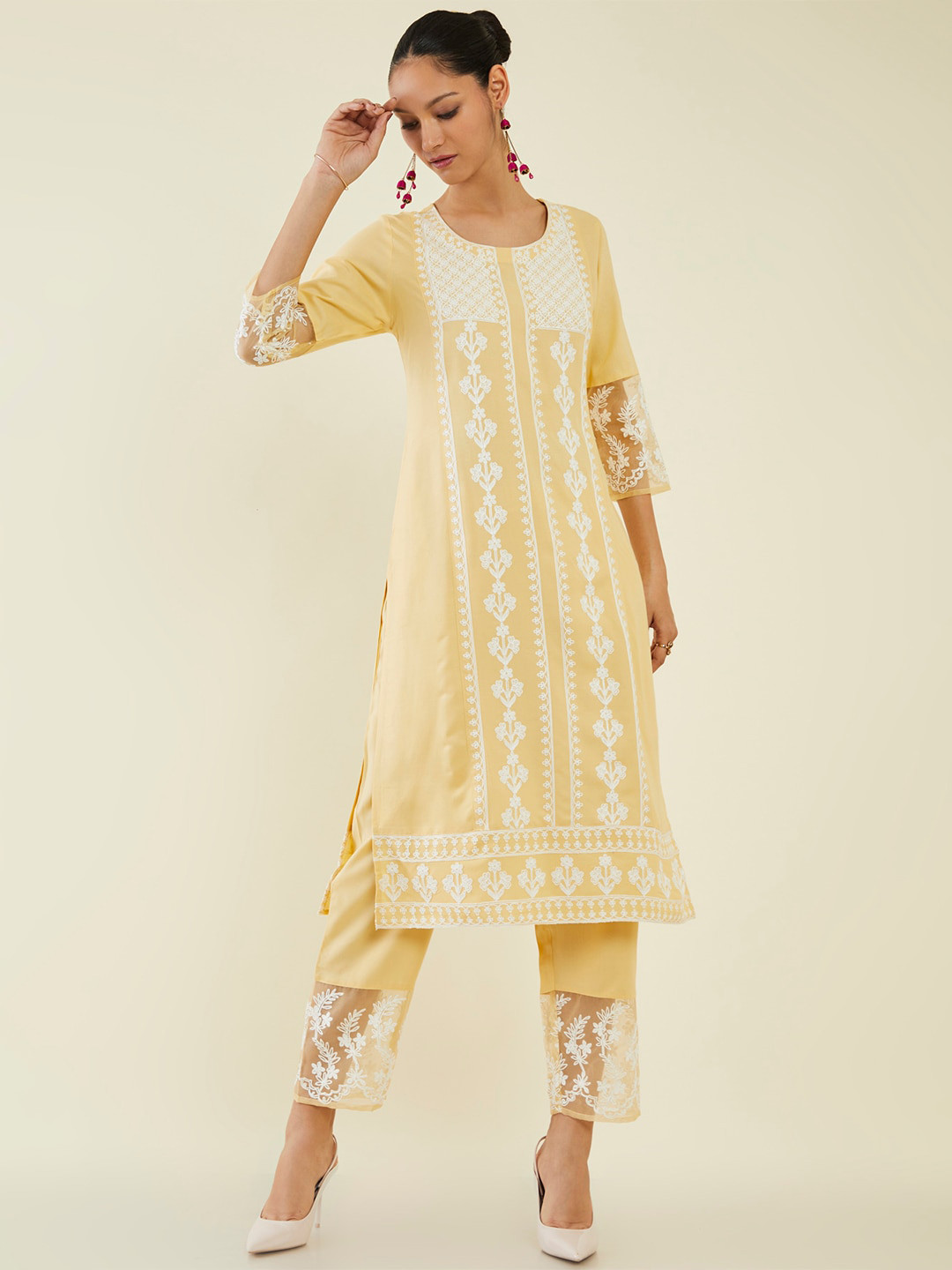 

Soch Floral Embroidered Thread Work Straight Kurta with Trousers, Yellow