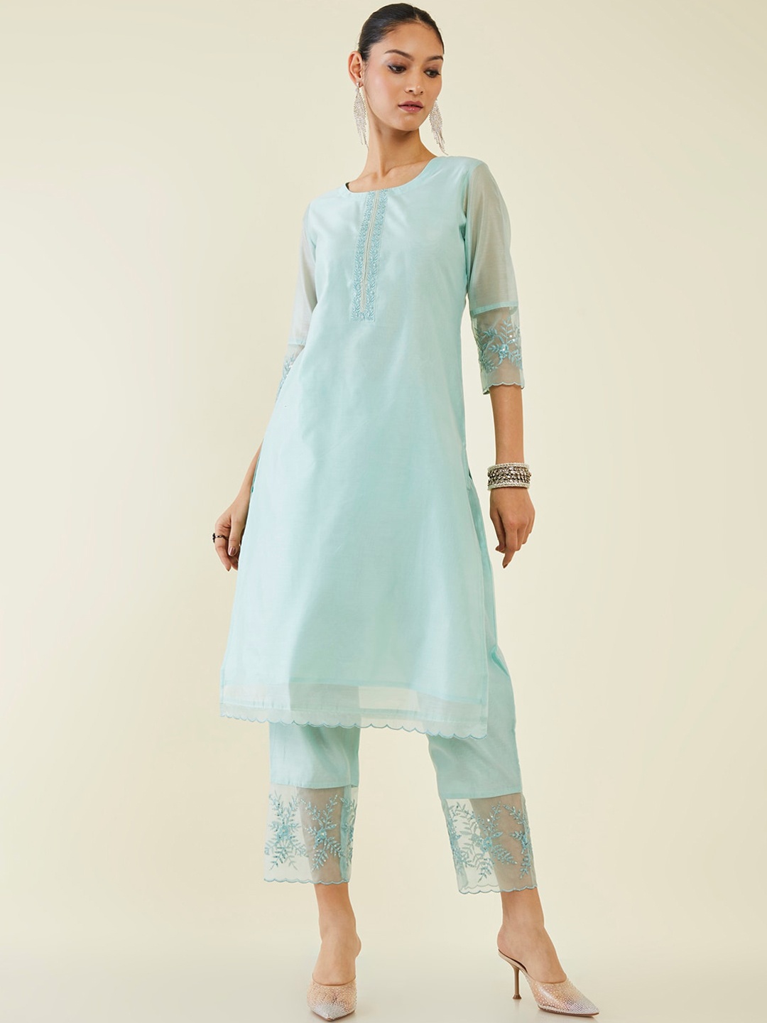 

Soch Thread Work Sequined Straight Kurta with Trousers, Sea green