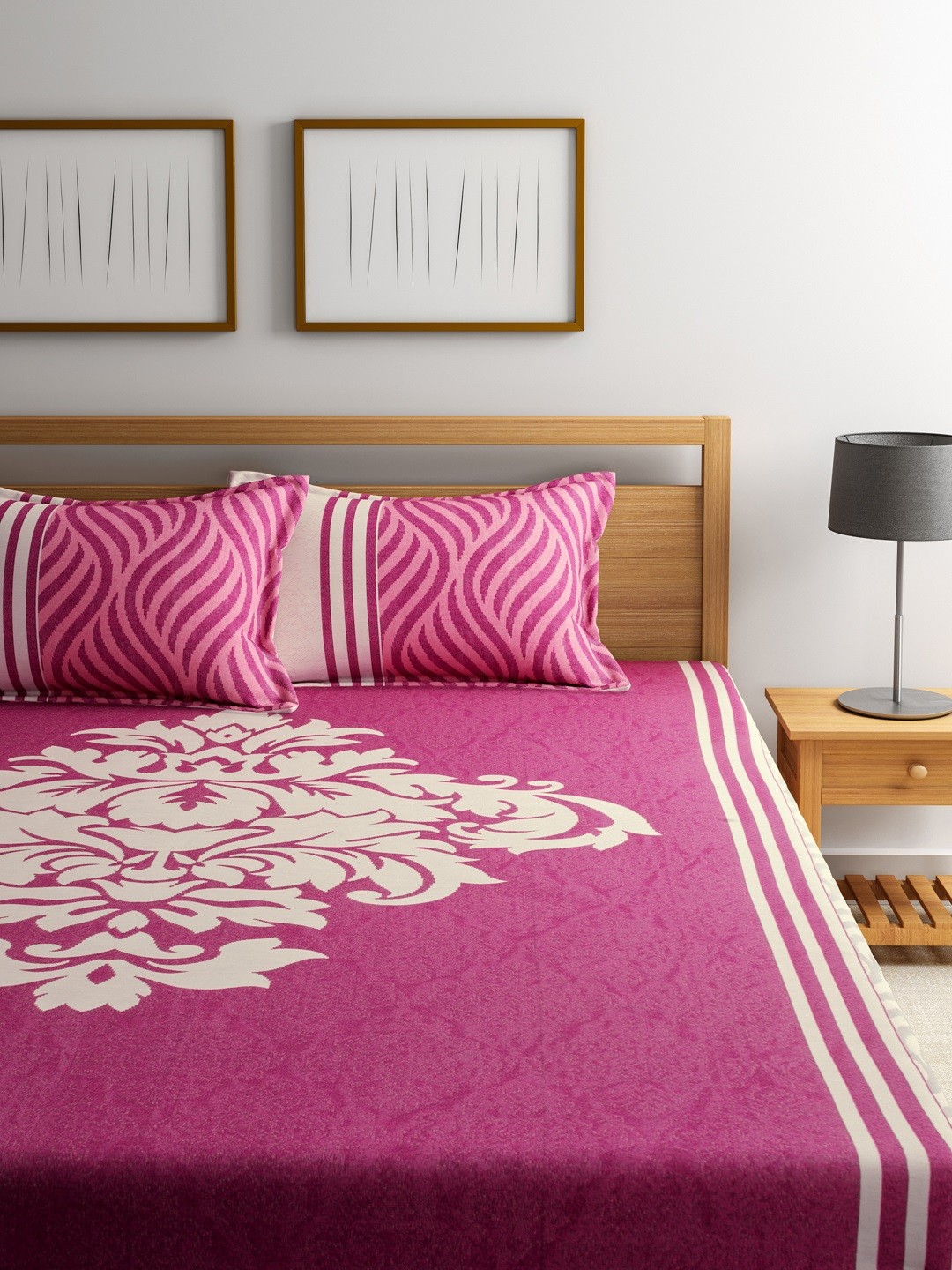 

ROMEE Pink Woven Design Polycotton Double Bed Cover with 2 Pillow Covers