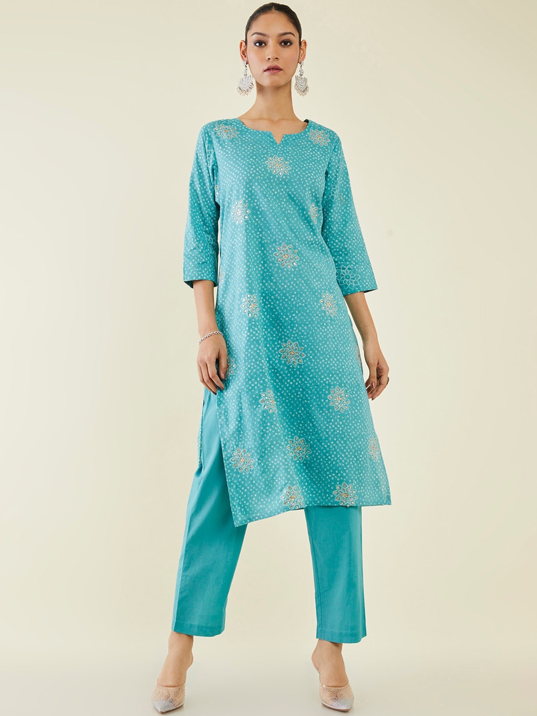 

Soch Women Bandhani Printed Beads & Stones Pure Cotton Kurta with Trousers, Turquoise blue