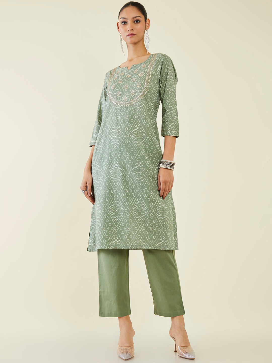 

Soch Bandhani Printed Thread Work Pure Cotton Kurta with Trousers, Green