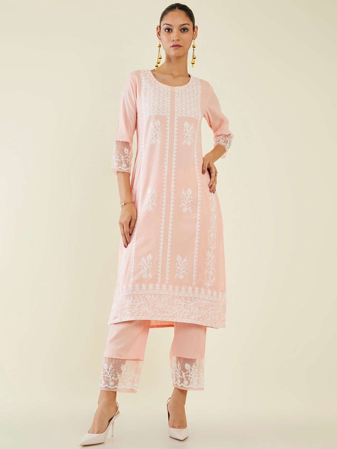 

Soch Floral Embroidered Thread Work Straight Kurta with Trousers, Pink