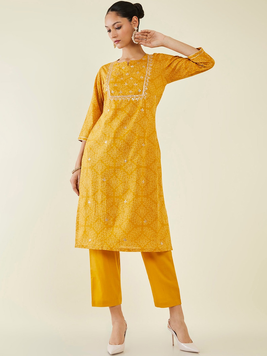 

Soch Notch Neck Bandhani Printed Gotta Patti Pure Cotton Kurta with Trousers, Mustard