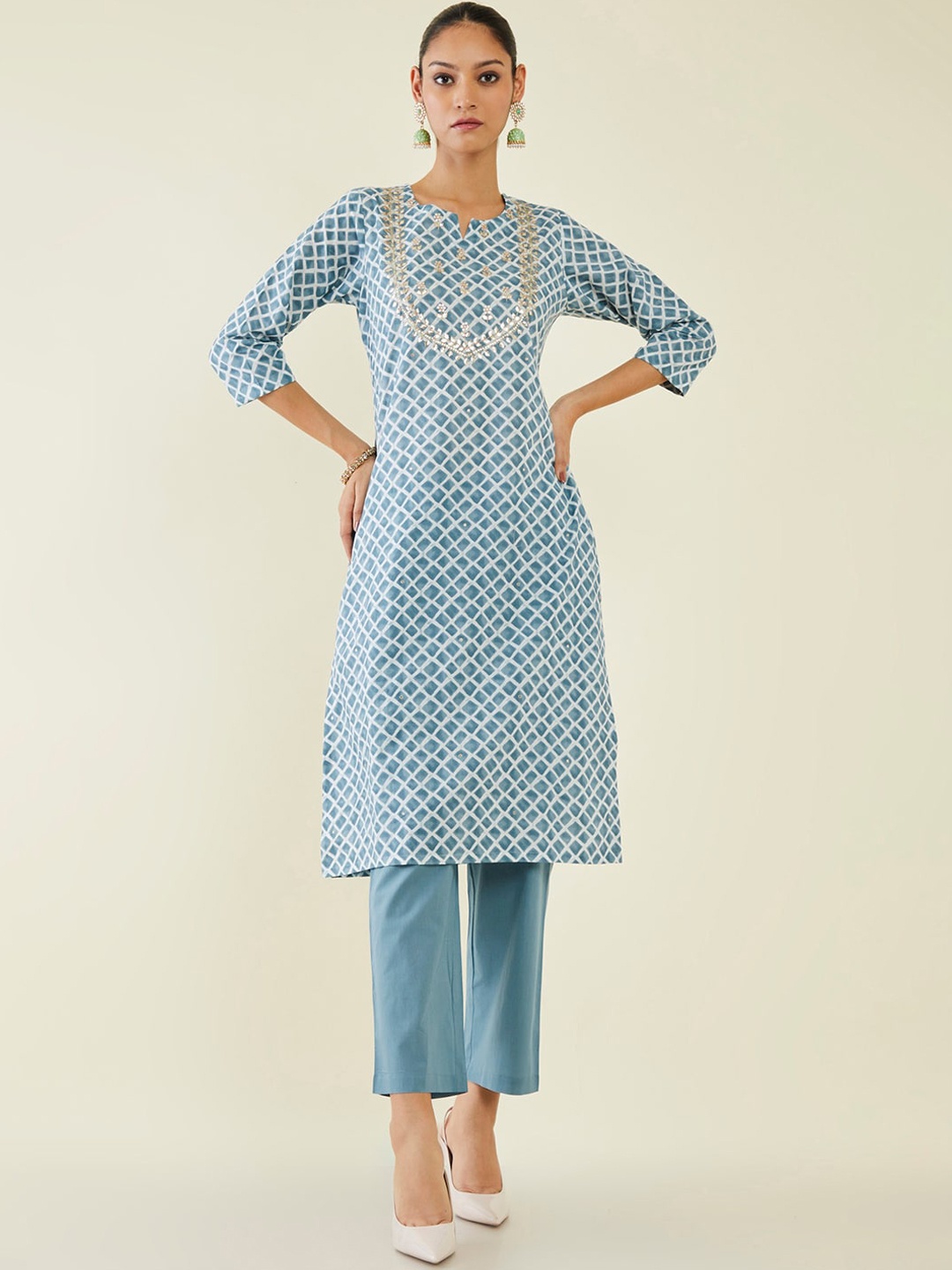 

Soch Notch Neck Geometric Printed Gotta Patti Pure Cotton Kurta with Trousers, Blue
