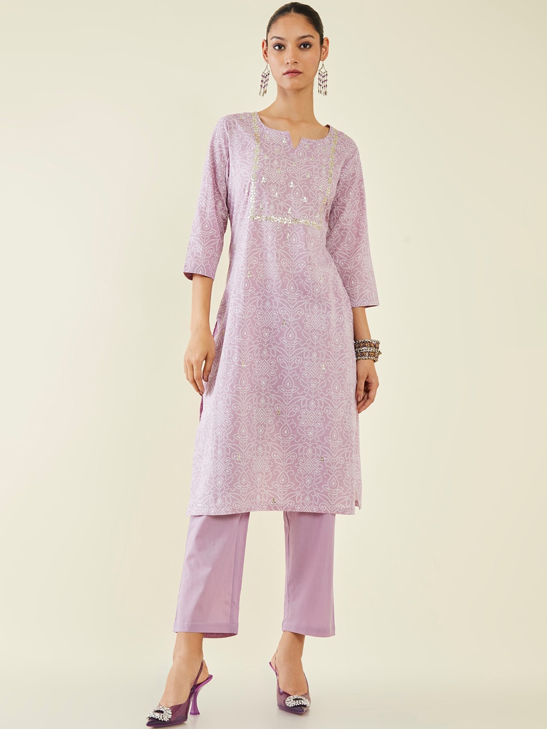 

Soch Bandhani Printed Gotta Patti Pure Cotton Kurta with Trousers, Purple