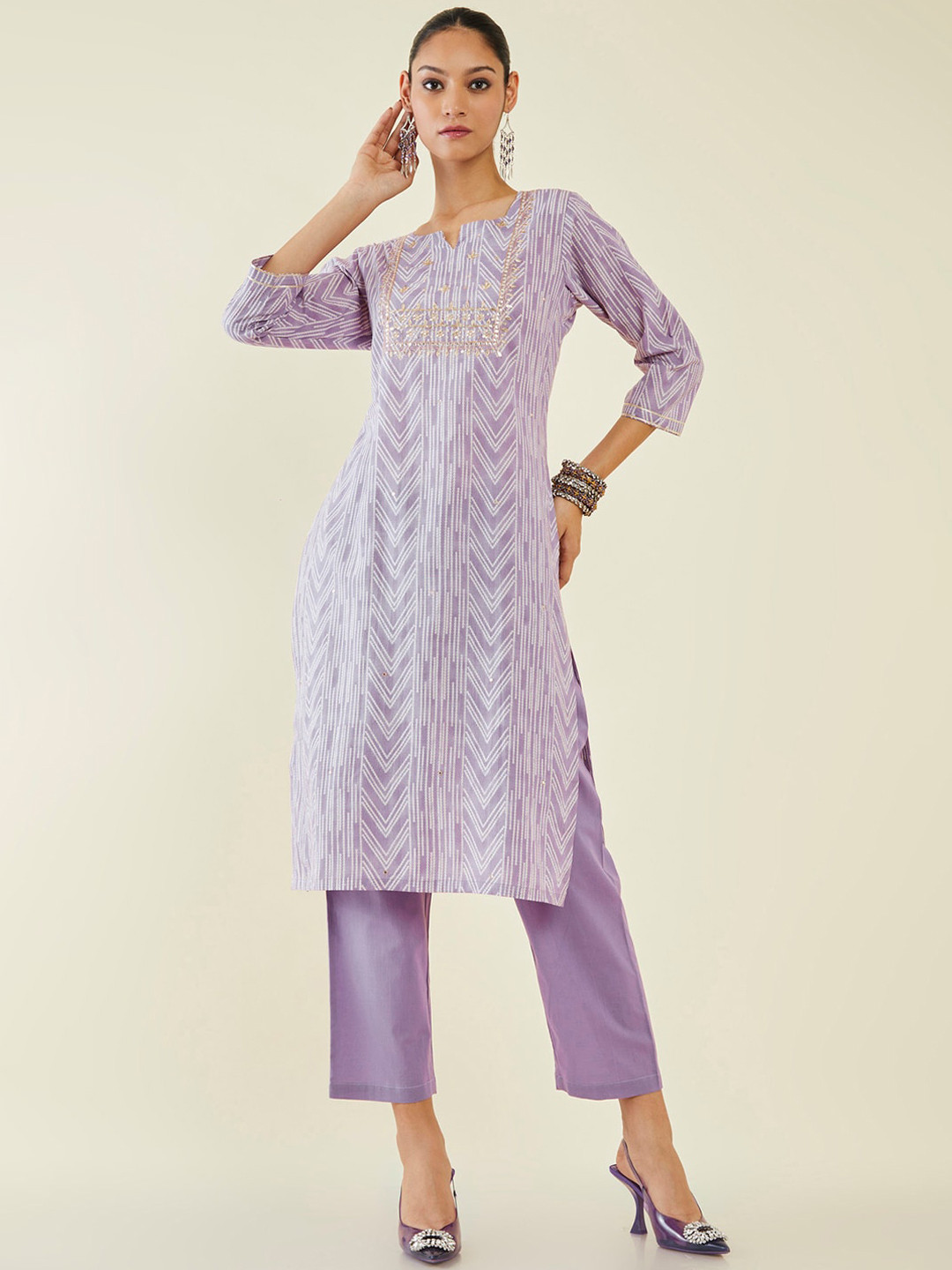 

Soch Printed Thread Work Pure Cotton Kurta with Trousers, Purple